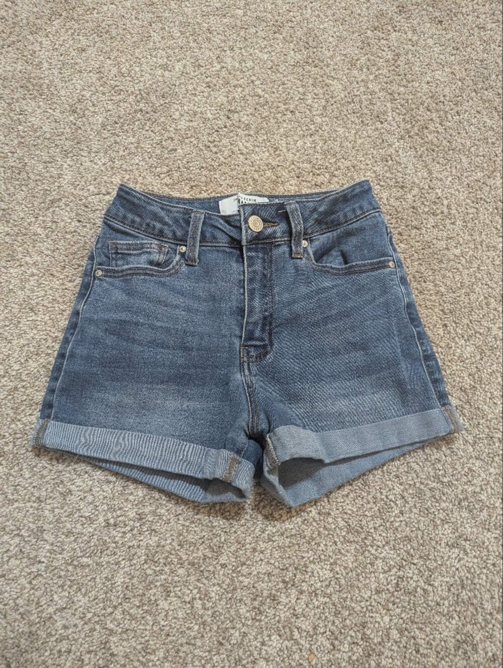 refuge Dark Blue Denim High-Rise Rolled Hem Shorts